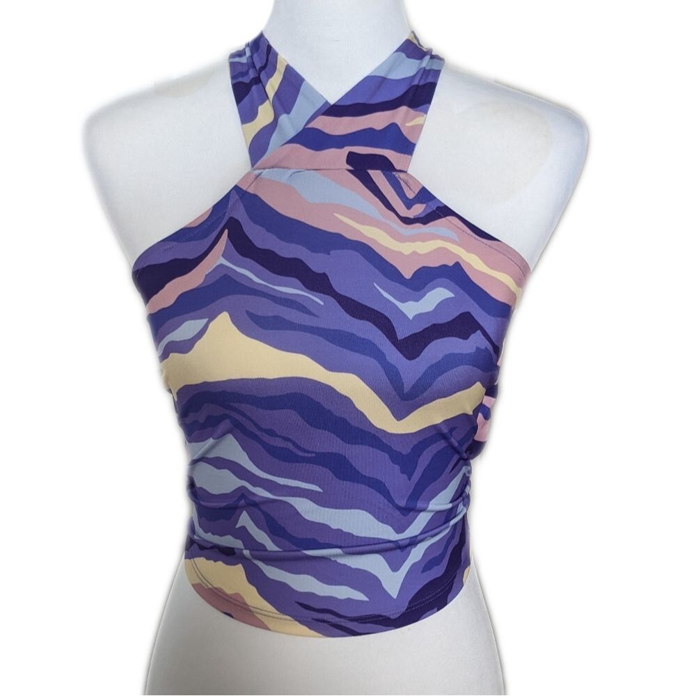 Venus criss cross tie back tank top, stretchy, abstract zebra print, purple S
